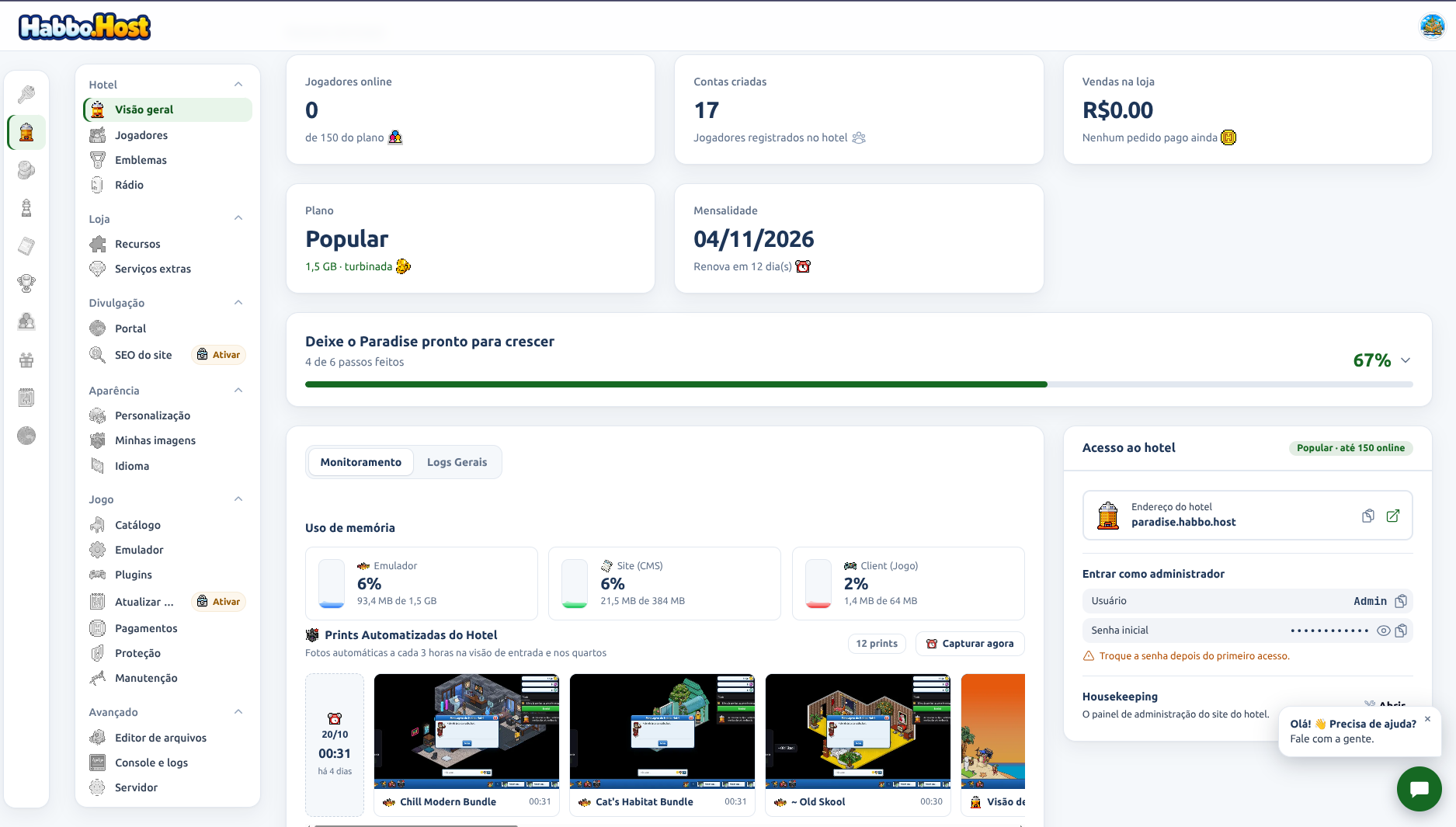 Retro Habbo hotel control panel dashboard