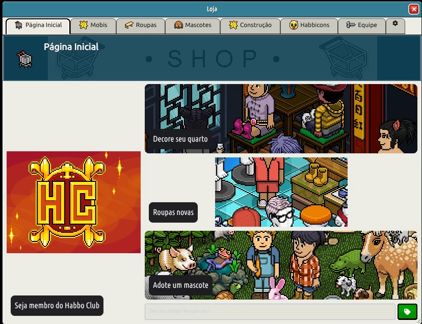 Portada de la tienda y catálogo con Habbo Club