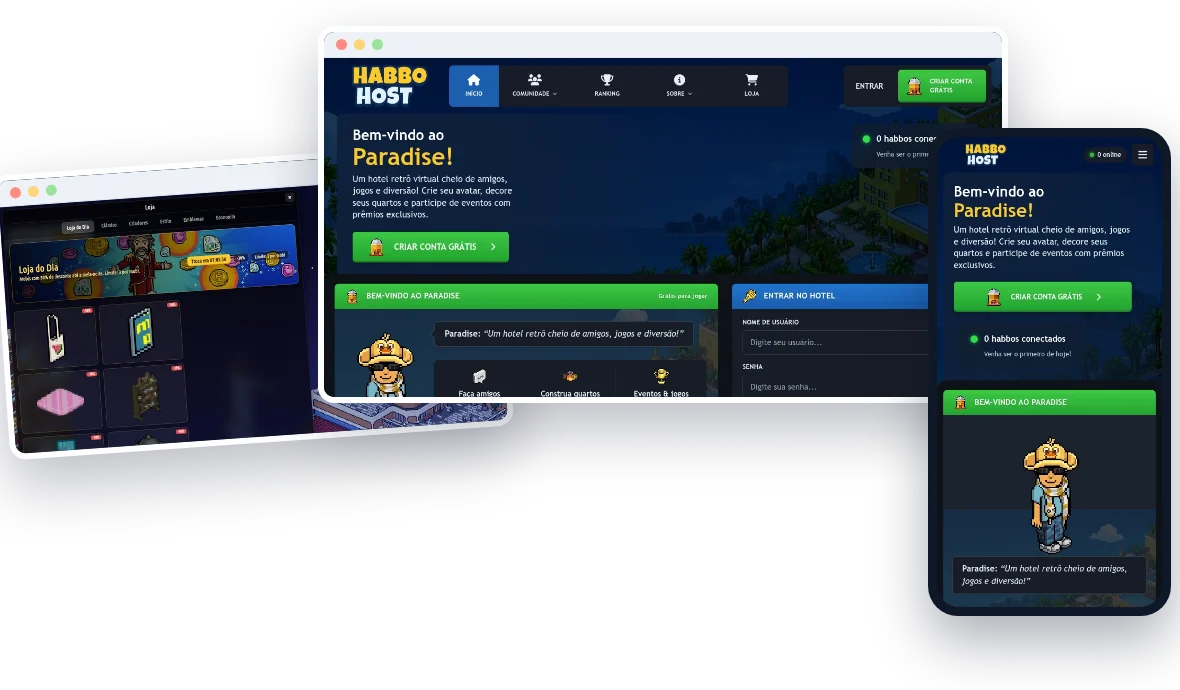 Web, juego y client del HabboHost Pack: la web en el navegador, el juego en HTML5 y la web en el móvil