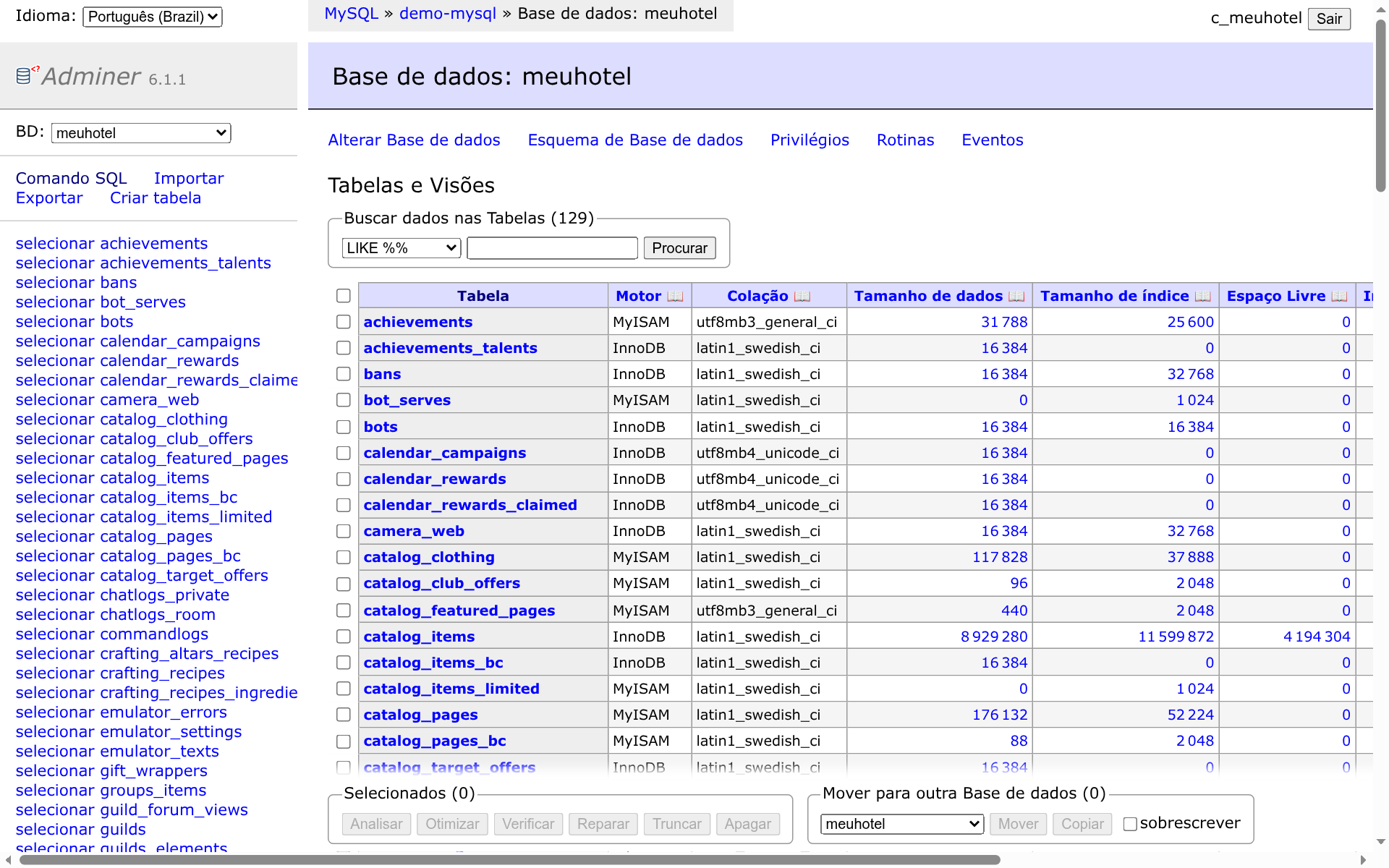 Adminer aberto, com o link Comando SQL no menu da esquerda