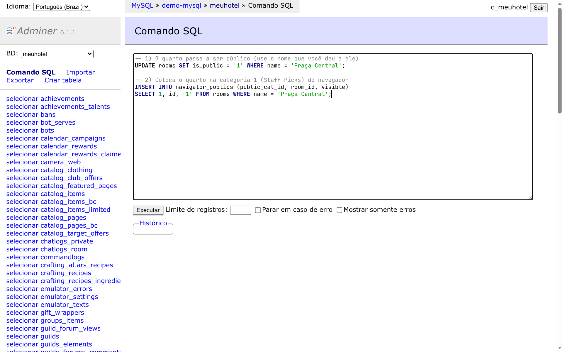 Comando SQL com as duas instruções