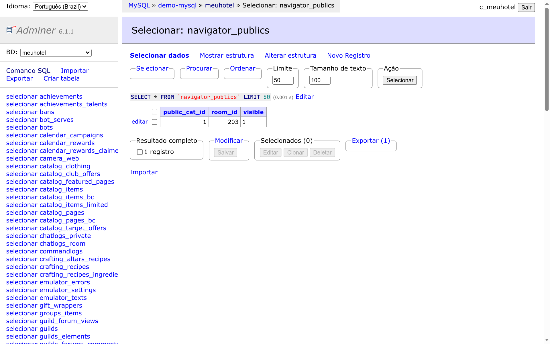 Tabela navigator_publics com a linha do quarto
