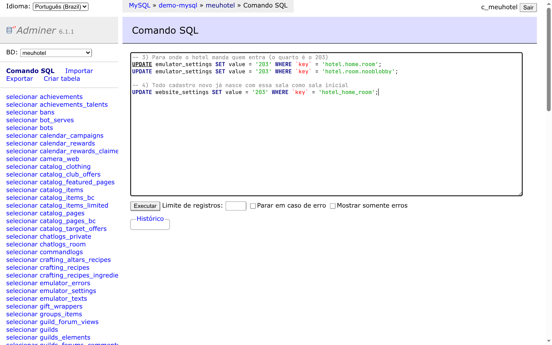 Comando SQL com as configurações da sala de entrada