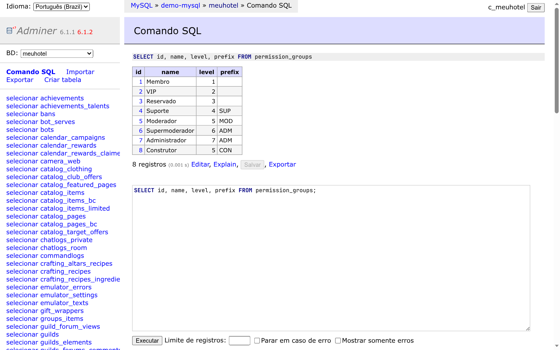 Tabela permission_groups com o cargo novo no fim da lista