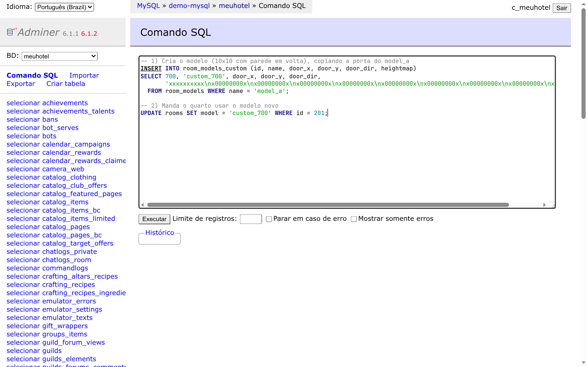 Comando SQL criando o modelo de quarto