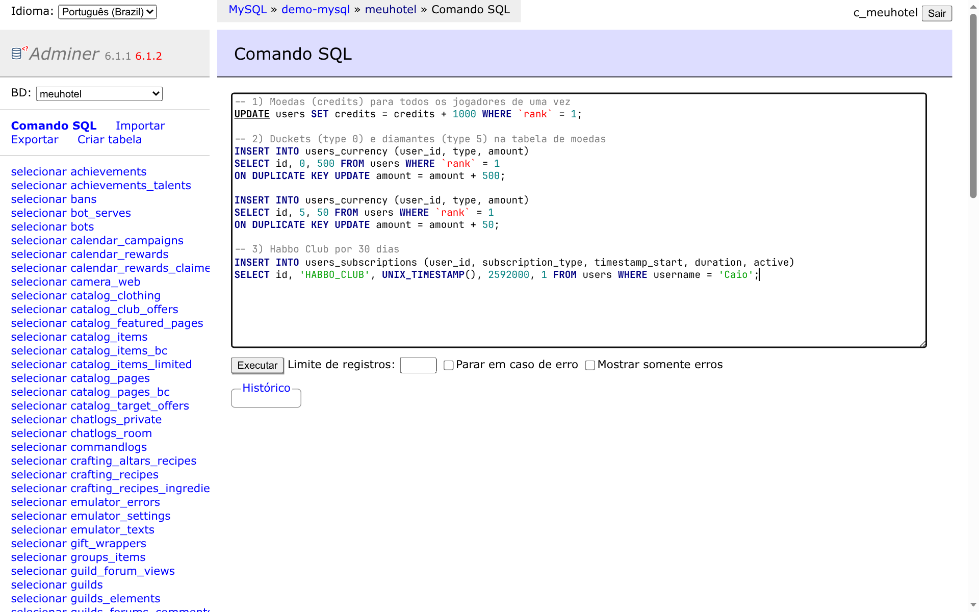 Comando SQL dando moedas, duckets, diamantes e HC
